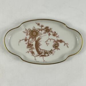 Limoges France Porcelain Trinket Tray Bird Floral Gold Rim Vanity Dish 1950s